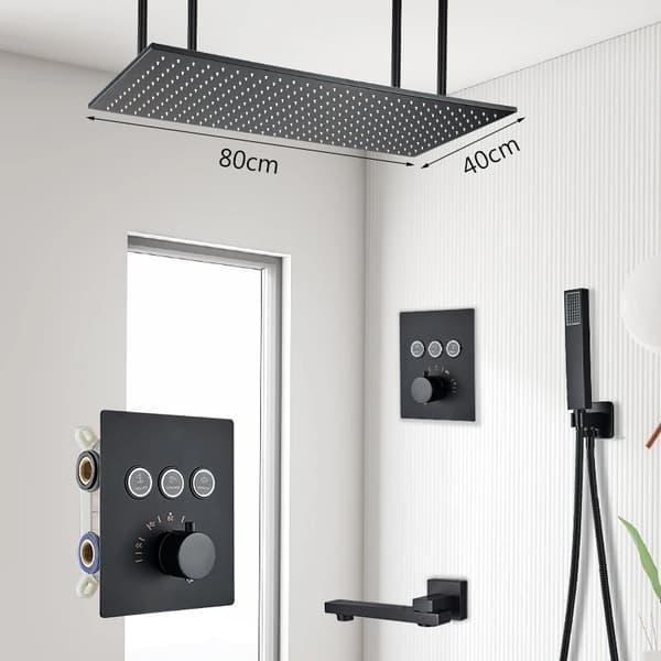 Luksus Badeværelse Bruserarmatur, 80 cm Regnfall Bruserhoved, Mat Sort Finish,4080cm 3 Veje A