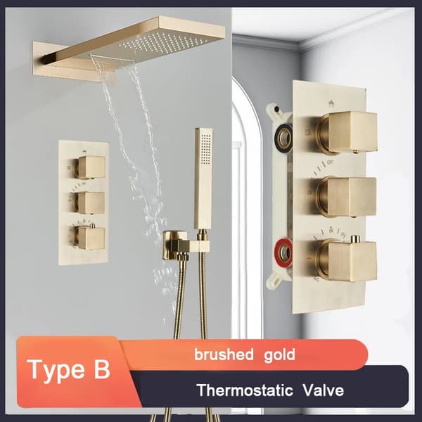 Termostatisk brusesystem, moderne stil, dual kontrolfunktionalitet,børstet guld B