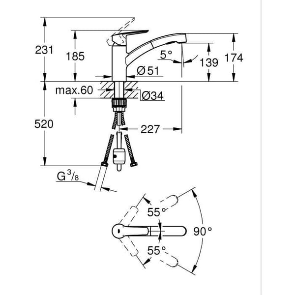 Köksblandare - Supersteel - Engrepps diskbänksblandare - Utdragbar spray - 90° lågsvängbar pip - GROHE Start -
