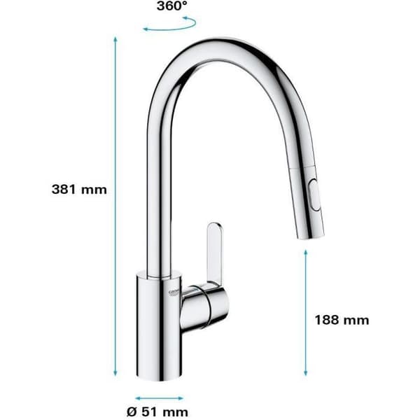 GROHE Get diskbänksblandare, utdragbar spray, U-formad pip, 2-jet-avledare, Supersteel, 31484001