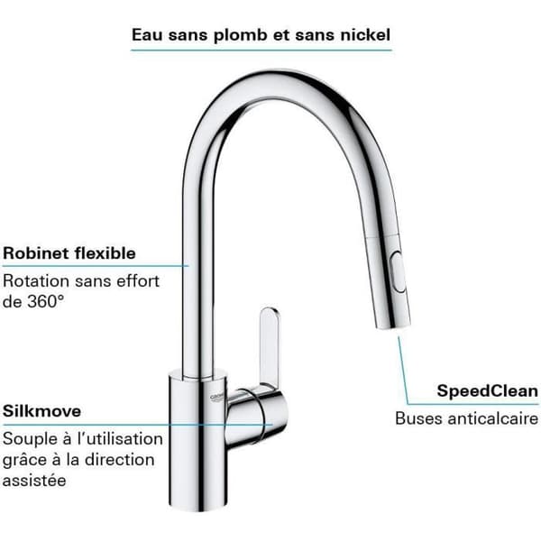 GROHE Get diskbänksblandare, utdragbar spray, U-formad pip, 2-jet-avledare, Supersteel, 31484001