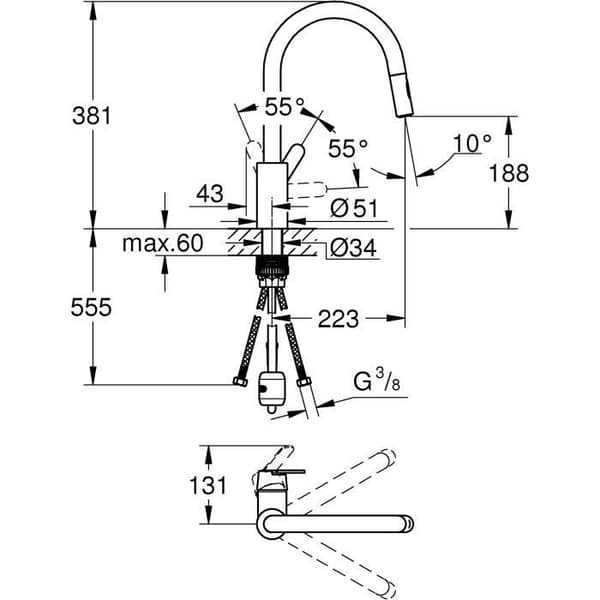 GROHE Get diskbänksblandare, utdragbar spray, U-formad pip, 2-jet-avledare, Supersteel, 31484001