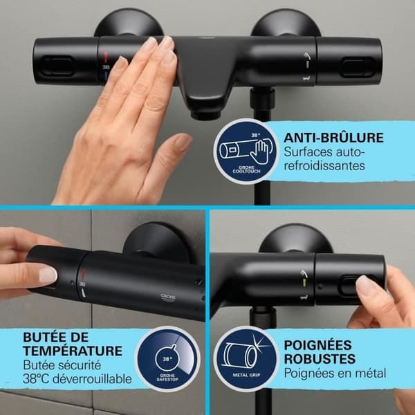 Termostatisk bad-/duschblandare - GROHE Precision Trend - 1022162432 - Mattsvart - Exponerad väggmontering - Vattenbesparande