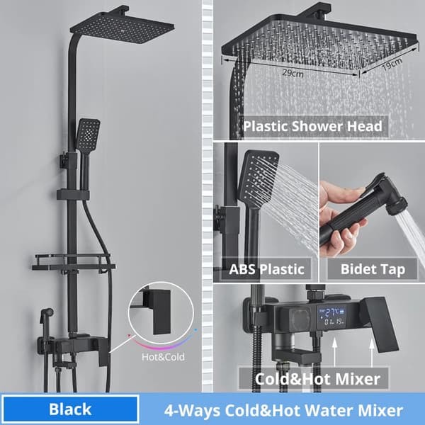 Brusearmatur, Termostatisk Digital Display, Regnbrusefunktion,En sort varm kold-a