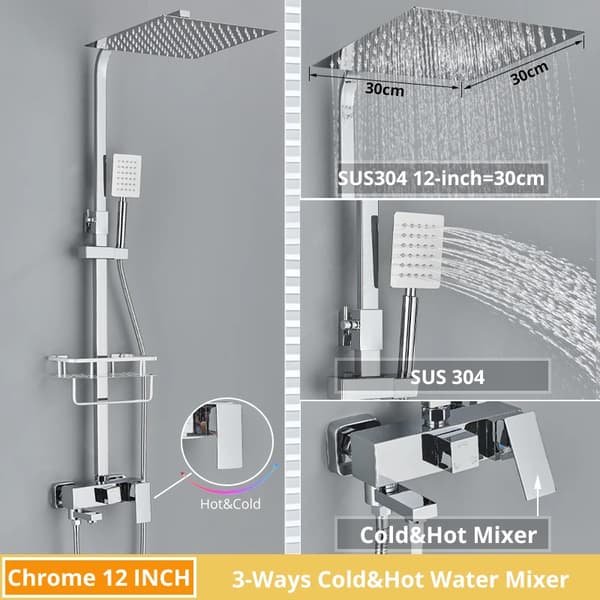Badeværelse Brusearmatur Sæt, 4 Vejs Mixer, Vægmonteret Design,3 Veje Chrome 12inch