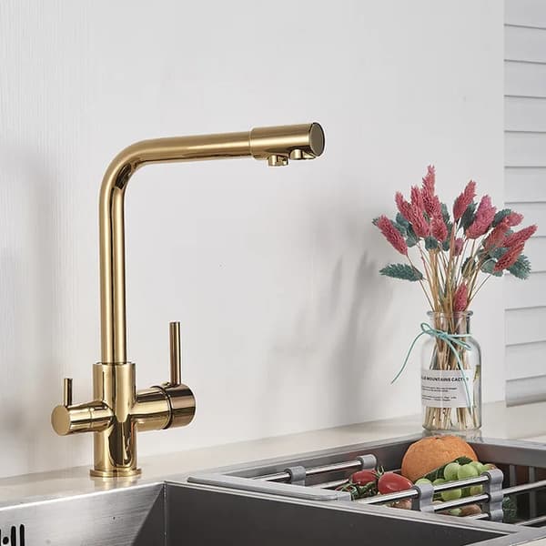Køkkenarmatur, Design med to håndtag, Holdbart messingmateriale, Nutidig stil,Guld