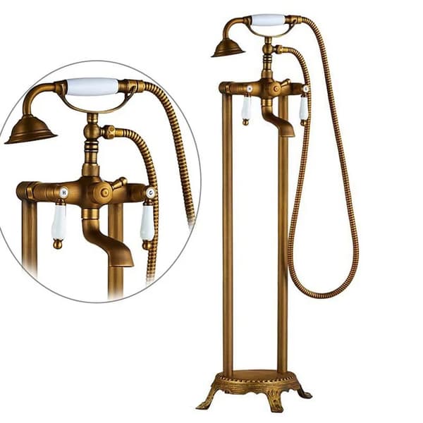 Gulvmonteret Badekarhane, Dobbelt Håndtag Design, Elegant Guld Finish,Antik Messing D