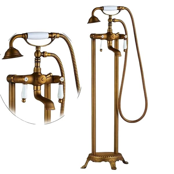 Gulvmonteret Badekarhane, Dobbelt Håndtag Design, Elegant Guld Finish,Antik Messing D