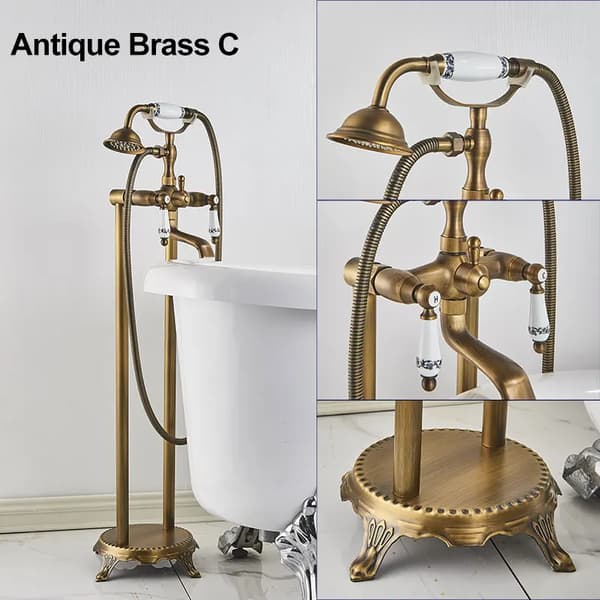 Antik mässing badkar duschblandare, dubbelhandtag, polerad finish,Antik mässing C
