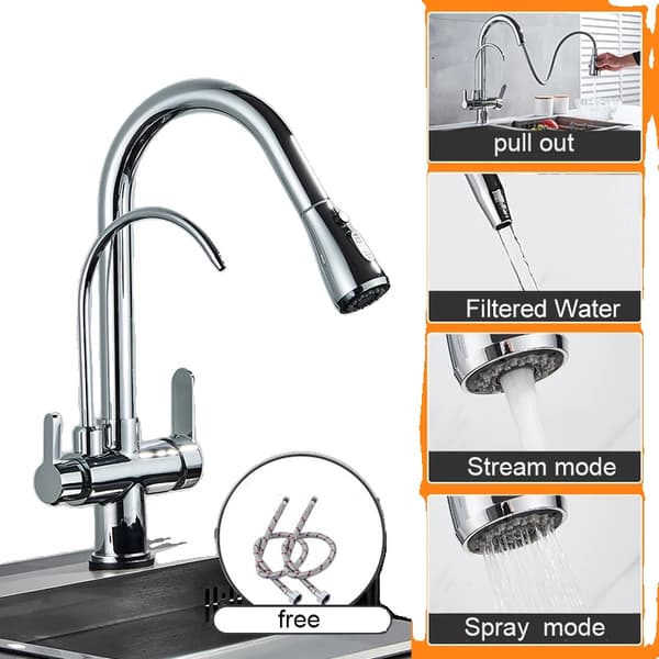 Matte Black Pure Water Køkkenarmatur, Dobbelt Håndtag, Udtræksfunktion,Krom A
