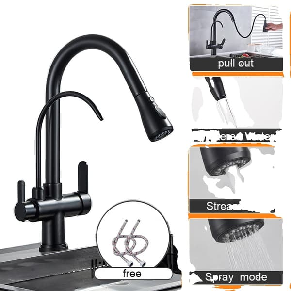 Matte Black Pure Water Køkkenarmatur, Dobbelt Håndtag, Udtræksfunktion,Matte sort A