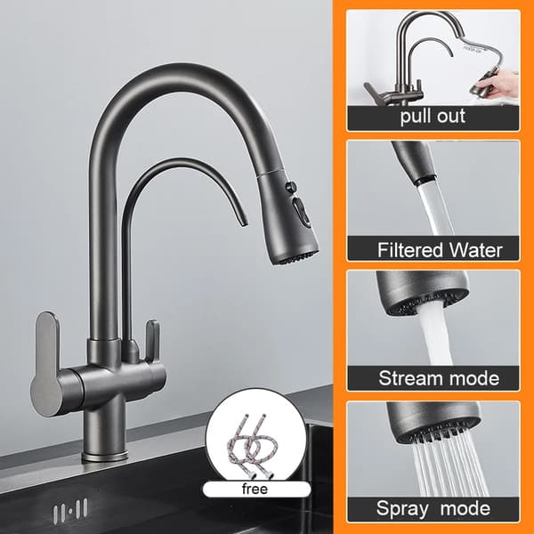 Matte Black Pure Water Køkkenarmatur, Dobbelt Håndtag, Udtræksfunktion,Sølv grå A