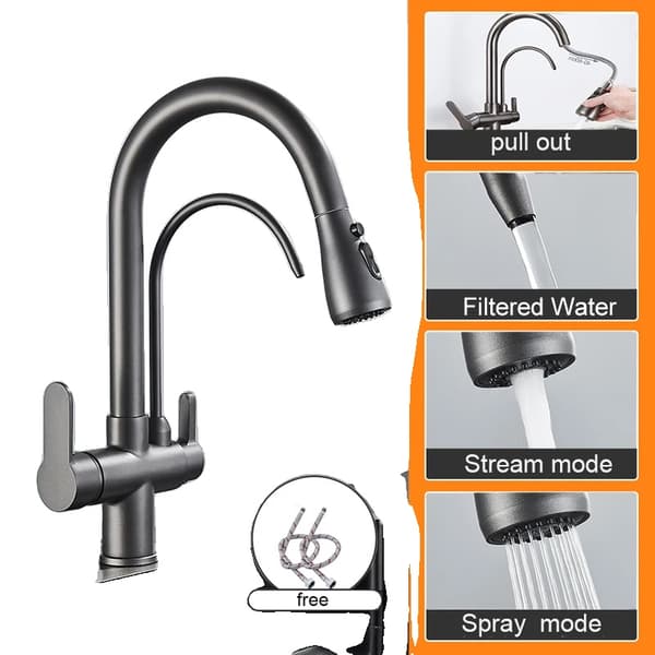 Matte Black Pure Water Køkkenarmatur, Dobbelt Håndtag, Udtræksfunktion,Sølv grå A