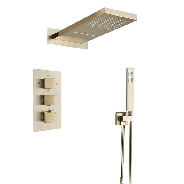 Termostatisk Brusearmatur, Tredobbelt Håndtag, Mat Sort, 400mm,Børstet Guld 3-veje