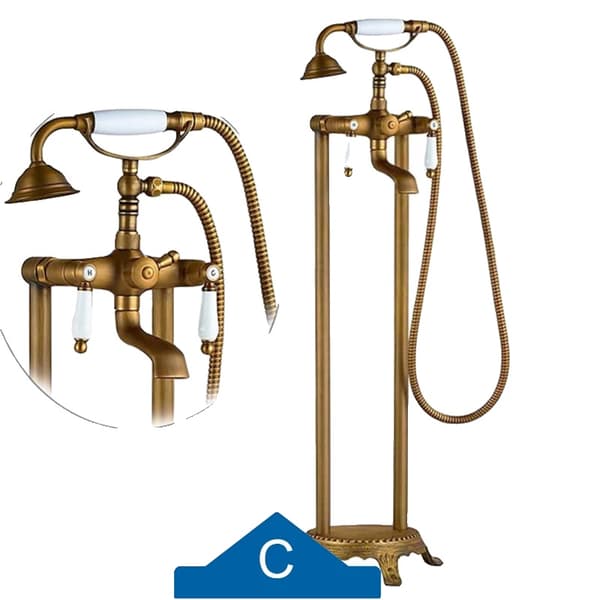 Antik Messing Badekar Bruserarmatur, Dobbelt Håndtag, Gulvmonteret,Antik C 2tc