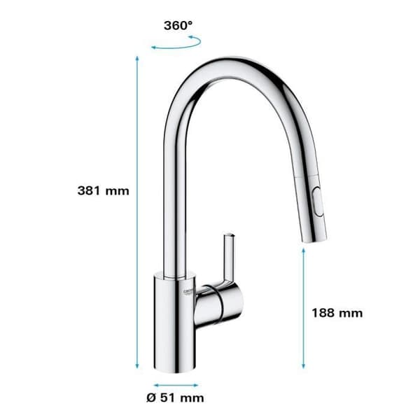 GROHE Feel diskbänkskran, utdragbar spray, 360° rotation, U-pip, 2-jet-avledare, köksblandare 31486001