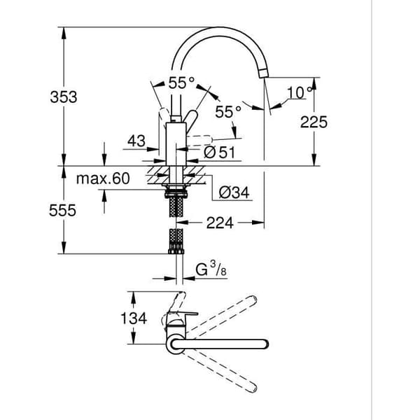 Köksblandare - GROHE Get - Krom - C-pip - Hög pip - 150° rotation