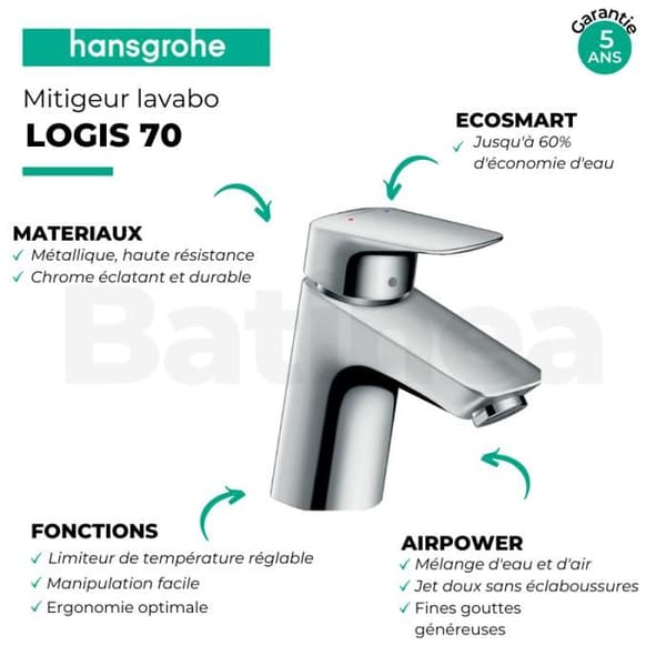 Logis 70 tvättställsblandare - HANSGROHE - Fast pip - EcoSmart - AirPower - Krom