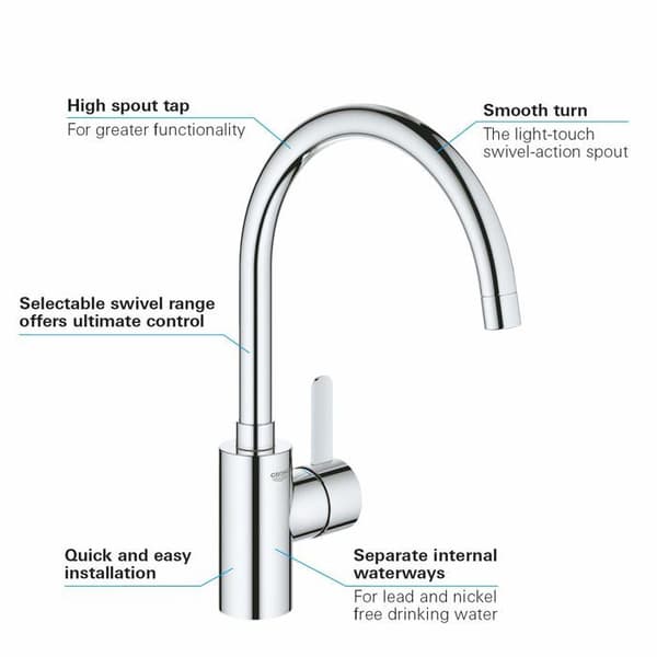 Diskbänksblandare - GROHE - 32843002 - Enkelhål - Svängbar - Krom