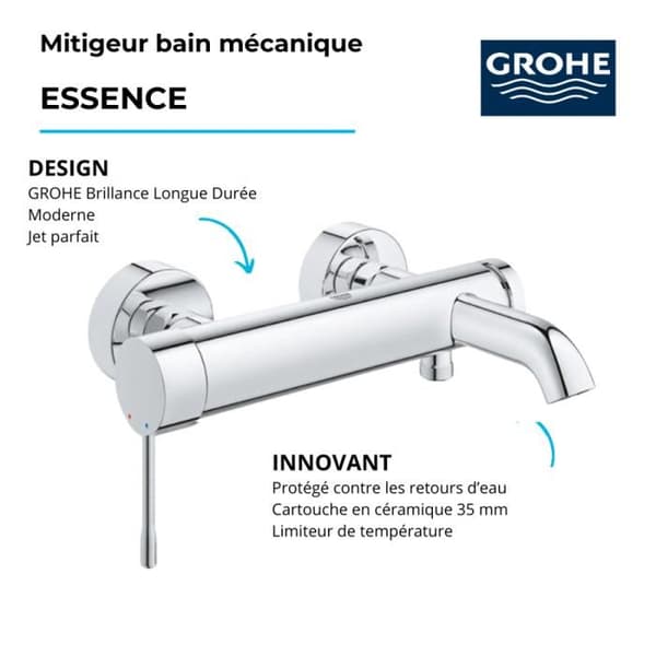 Förkromad frilagd väggmonterad bad-duschblandare ESSENCE - GROHE - 33624-001