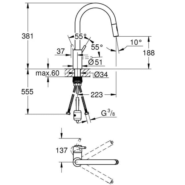 GROHE 1 -grepps tvättställsblandare Concetto 31483002 -Bec svängbart rör -360 ° rotation -Uttdragbar dusch -Flödesbegränsare -Krom