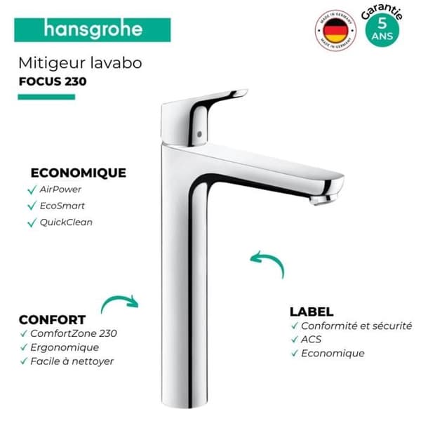 HANSGROHE Focus 230 tvättställsblandare - Fast pip - Krom - Vattensparande - Längd 185 mm
