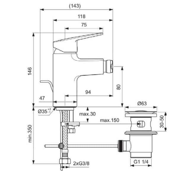 Bidetblandare - IDEAL STANDARD - CERAPLAN - fast tut - temperaturbegränsare - svart