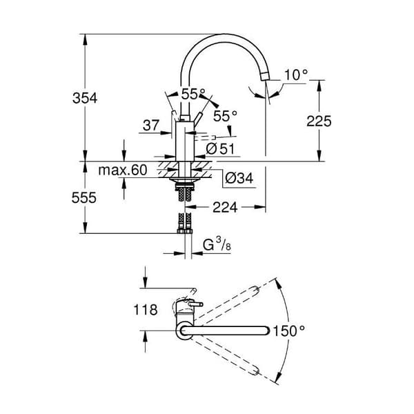 Diskho - GROHE - 32662-003 - Höghöjd svängbar pip - Vattensparande - Kromad yta