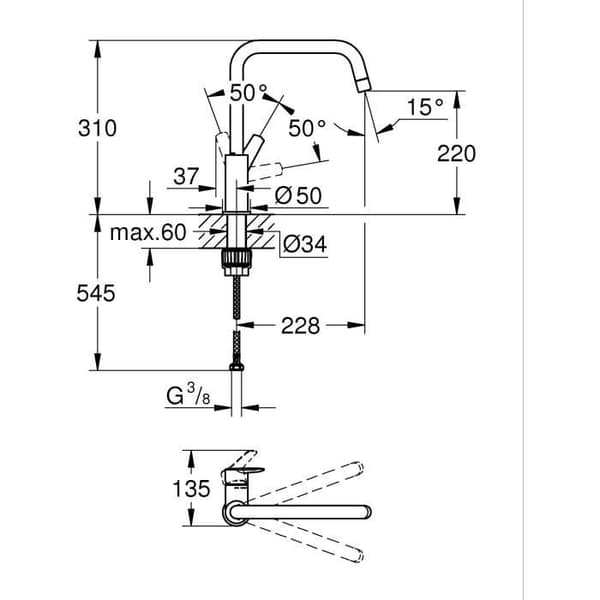Köksblandare - Engrepps diskbänksblandare - Mattsvart - Hög pip - 150° rotation - GROHE Start - 304702430
