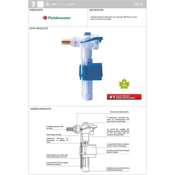 Fluidmaster sidoflytventil, kromfärg - 747E