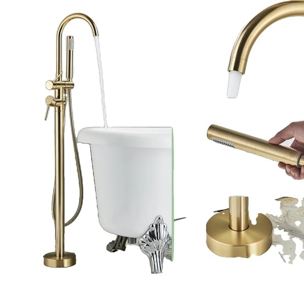 Gulvmonteret Badekararmatur, Dobbelt Håndtag Design, Poleret Finish,Børstet Guld