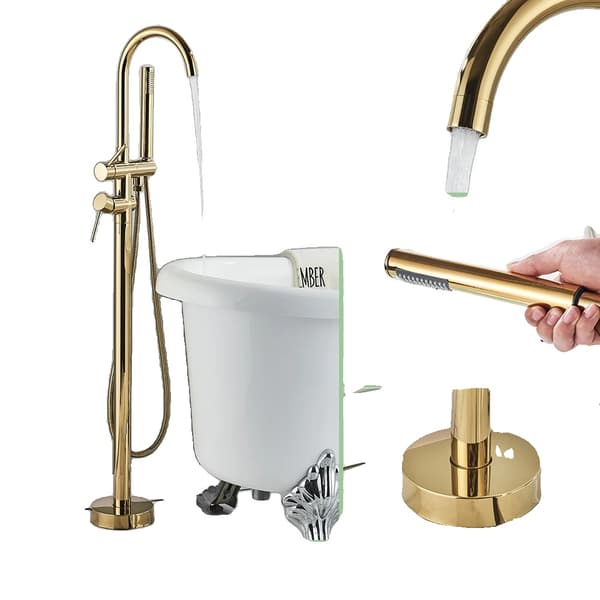 Gulvmonteret Badekararmatur, Dobbelt Håndtag Design, Poleret Finish,Guld