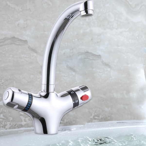 Vaskeskålarmatur, termostatisk fittings, dobbelt håndtag design,Sølv