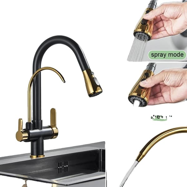 Filtered Water Kitchen Faucet, Dual Handle Design, Pull-Out Spray Feature,Sort Guld
