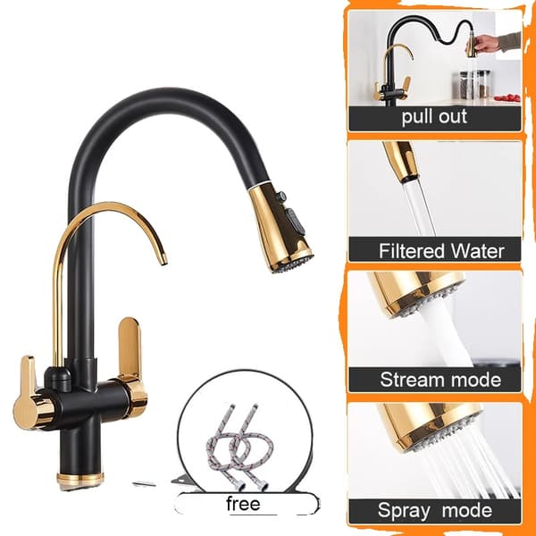 Køkkenvask, Dobbelt Håndtag Design, Utrækkelig Sprayfunktion,Sort Guld