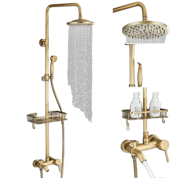Antik Messing Bruserarmatur Sæt, Varme- og Kolde Haner, Elegant Børstet Finish,Tape A Med Hylde