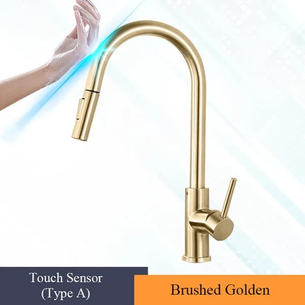 Kökskran, beröringssensoraktivering, utdragbar sprayfunktion,Sensor Borstad guld