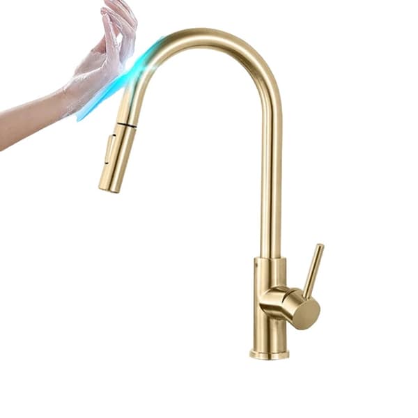 Kökskran, beröringssensoraktivering, utdragbar sprayfunktion,Sensor Borstad guld