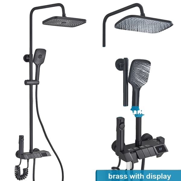 Duschkran med digital display, enkel handtagskontroll, mässingsfinish,Svart display