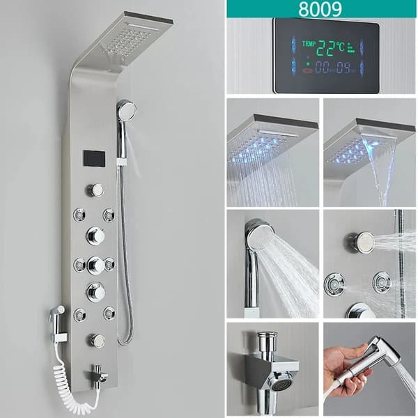 Duschpanel, LED-lampor, dubbel temperaturkontroll,8009 Nickel