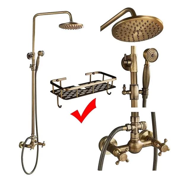 Antik Messing Bruserarmatur Sæt, Varme- og Kolde Haner, Elegant Børstet Finish,Tape D Med Hylde