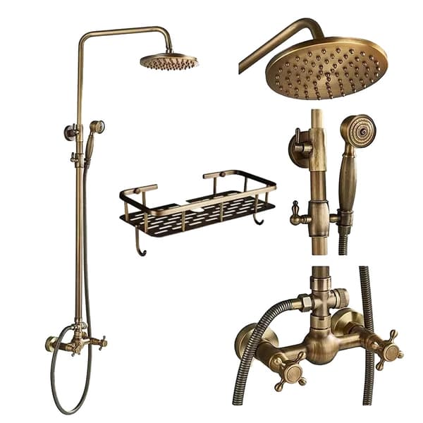 Antik Messing Bruserarmatur Sæt, Varme- og Kolde Haner, Elegant Børstet Finish,Tape D Med Hylde