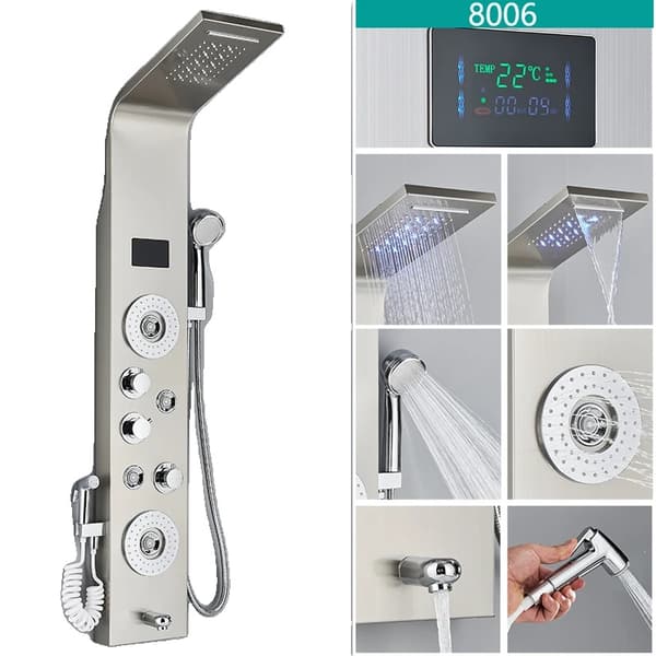 LED-duschsystem med ljus, temperaturkänsligt, hållbart rostfritt stål,8006 Nickel