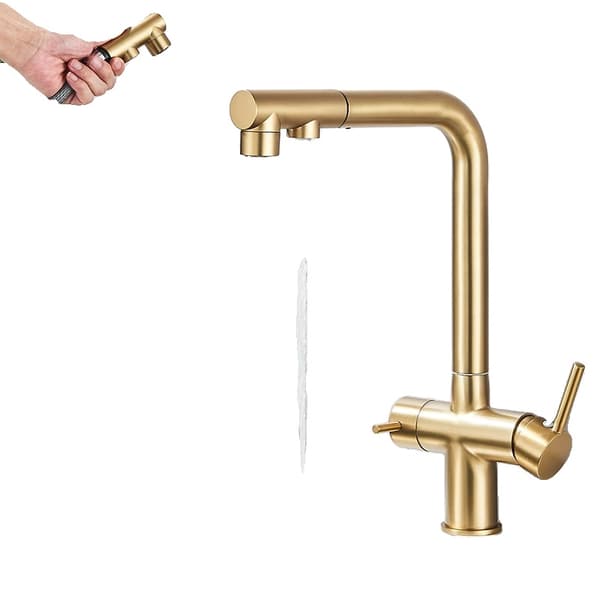 Vandfilter Køkkenarmatur, Dobbelt Håndtag, 360° Rotation, Udtræksspray,Børstet Guld