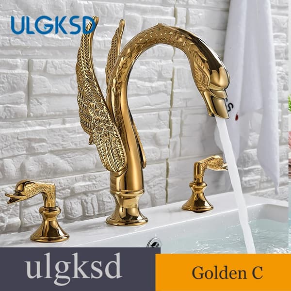 Badrumsblandare, Elegant svan-design, Keramisk ventilkärna,Guld C
