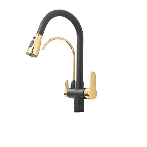 Kökskran, Dubbelhandtag, Svängbar Pip,Svart Guld A