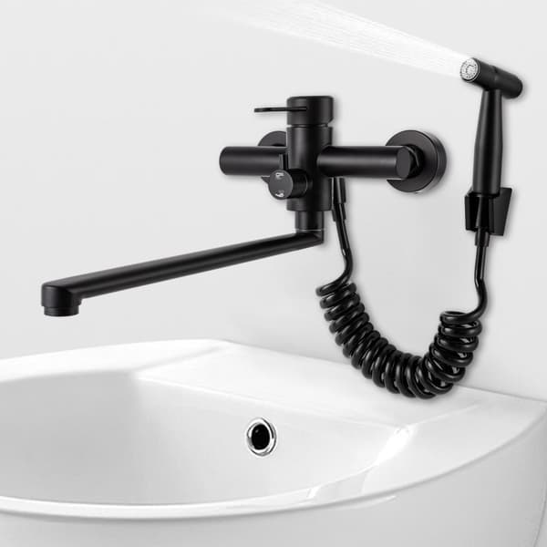 Väggmonterad kökskran, SUS304 rostfritt stål, 360° svängdesign, tre vattenutlopp lägen,M, svart