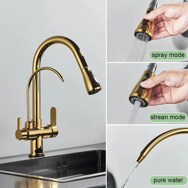 Filtered Water Kitchen Faucet, Dual Handle Design, Pull-Out Spray Feature,Guld