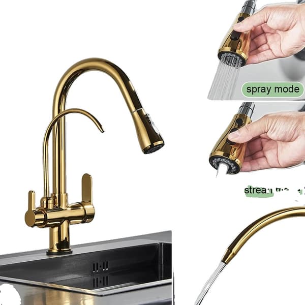 Filtered Water Kitchen Faucet, Dual Handle Design, Pull-Out Spray Feature,Guld