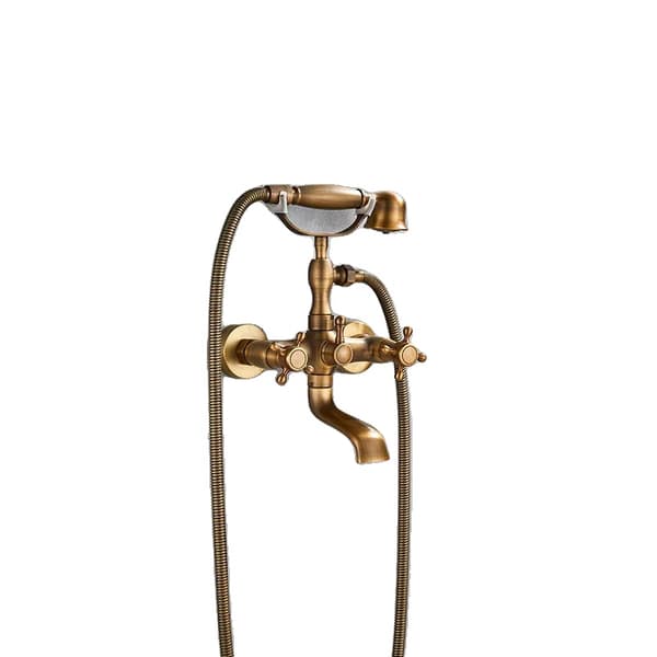 Vægmonteret messingbruser og badekarhane, dobbelt håndtagskontrol, elegant traditionelt design,antik messing